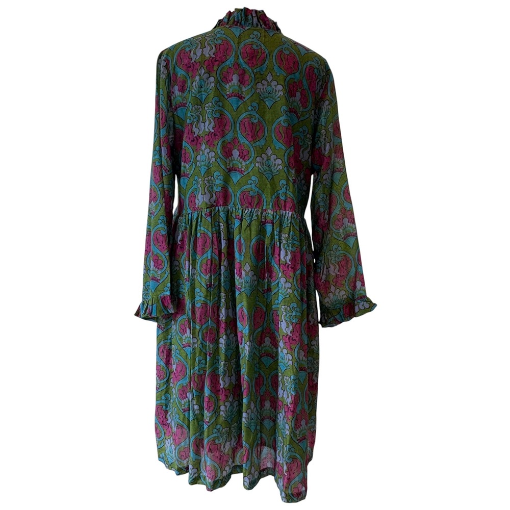 Bella Tu Women XL Green Pink Block Print Ruffle Dress Side Zip Pockets - Picture 2 of 14